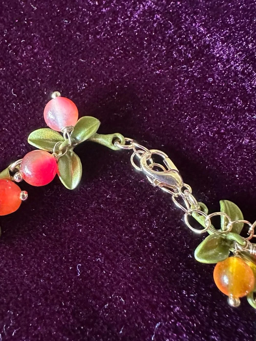 Real stone crystal orange yellow and green cranberry bead leaf bracelet.